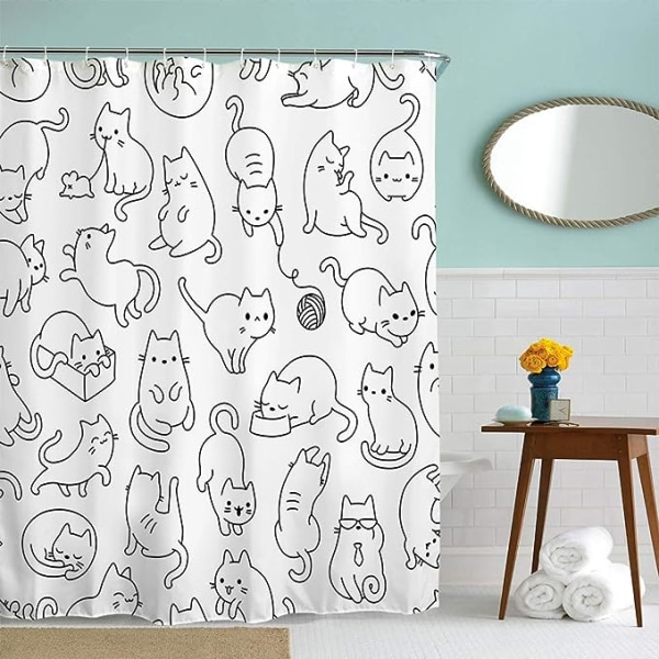 Katt duschdraperi för badrum med krokar, svart och vitt söt