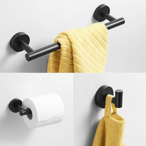 Matte Sort Badeværelsestilbehør, Toiletpapirholder/Vægmonteret Håndklædeholder/Krog, 3 Dele