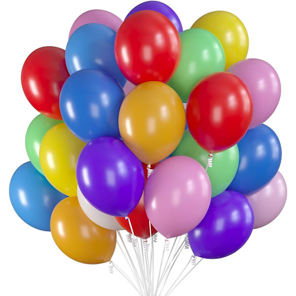 75 festballoner 12 tommer assorterede farveballoner med hvidt bånd