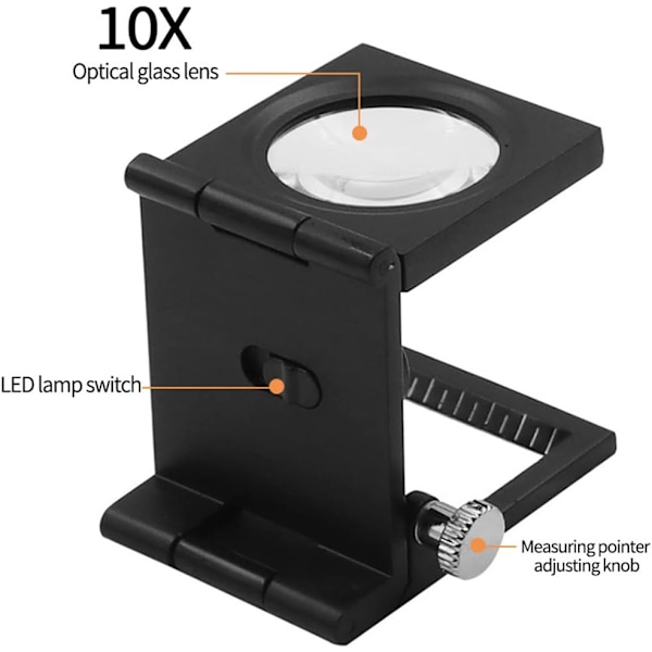 10x Metal Foldbar Desktop Lup med LED-lys til Tekstil Optisk Linse