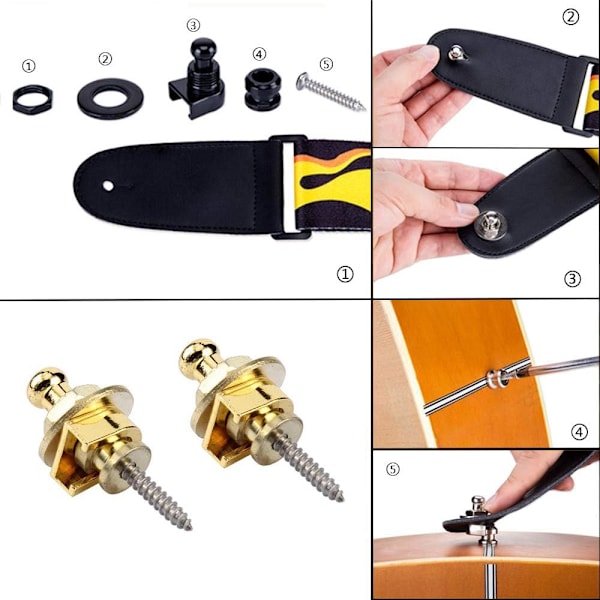 4 stycken gitarrremmslås knappar för gitarrrem, metallgitarrremmslås, för gitarrrem gitarr och bas guld