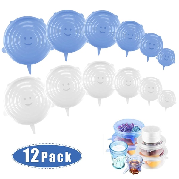 Stretchy Silicone Lids - Pack of 12 Expandable Reusable Silicone Cover in Various Sizes for Bowls, Cups, Cans and Fruits