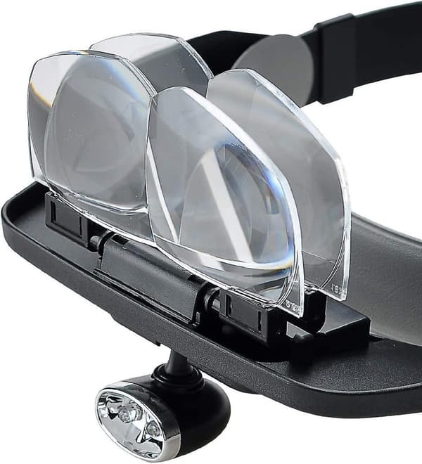 Hodebåndsforstørrelsesglass med 2 LED-lys, med 4 avtakbare linser