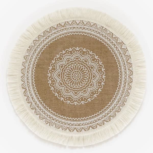 Spisebordsett med 4 runde duskebrikker Boho tallerkenbrikker
