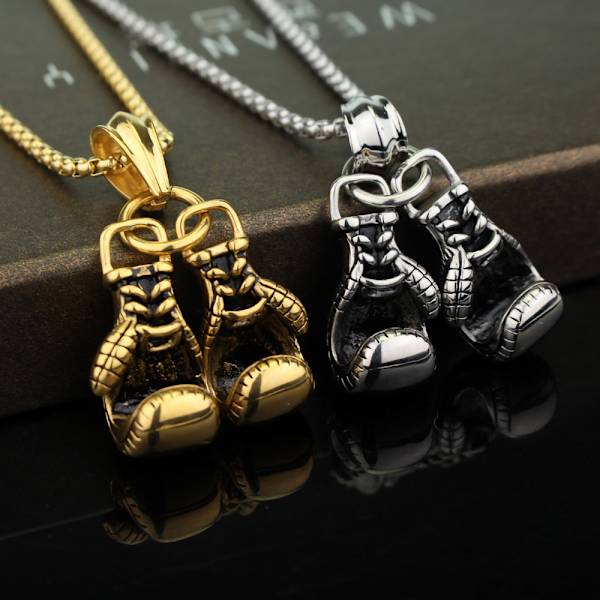 Halsband med hänge i rostfritt stål i form av boxningshandskar för män, set med 3 st - guld, silver, svart