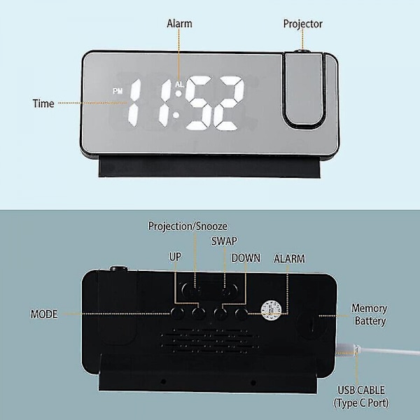 Led-spegelprojektionsväckarklocka termometer digital roterad display Usb svart