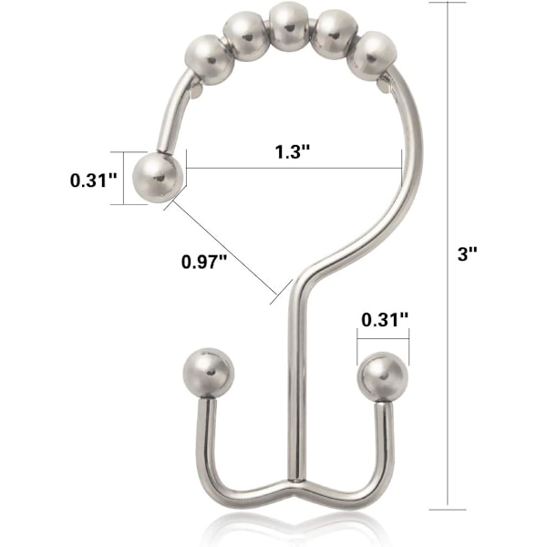 Duschdraperikrok Rostfri Duschdraperiring Metall Dubbel Glidande Rullgardin Duschkrok för Badrum Duschdraperistång Gardiner, Set om 12, Nickel