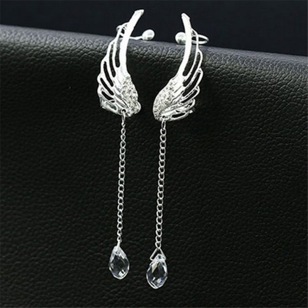 1 par Silver Angel Wing Crystal Øreringe Drop Dangle Ear Stud Clip Cuff