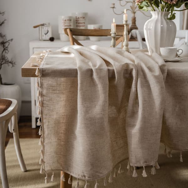 Bohemian stil rektangulær dug i linned og polyesterblanding, blondedug til middagsselskaber