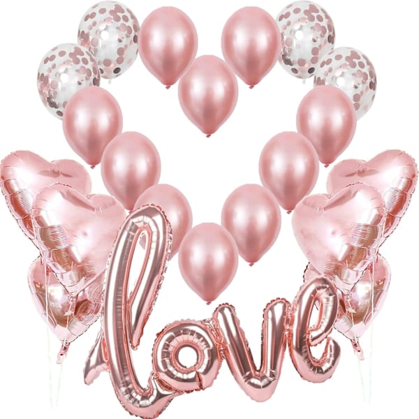 21 Rosaguld Balloner, 1 Kærlighedsballon, 6 Rosaguld Hjerteballoner, 4 Konfettiballoner, 10 Rosaguld Balloner Romantisk Dekoration til Valentinsdag