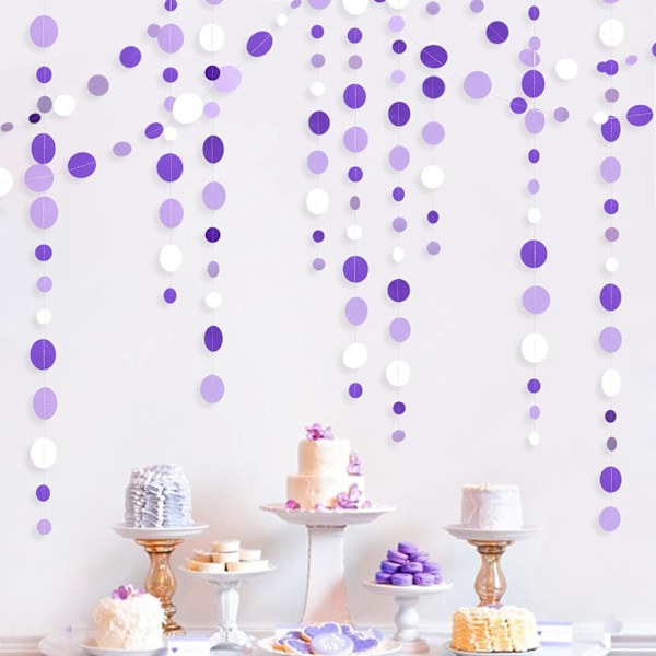 52Ft Lilla og Hvid Polka Dot Garland Hængende Papir Polka Dots til Fødselsdag Forlovelse Bryllup Brudebrud Baby Shower Valentinsdag Dåb Lilac Tema