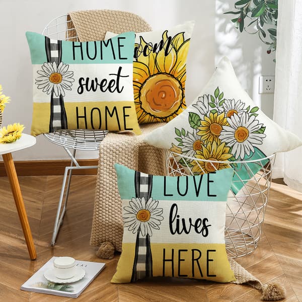 Set med 4 solrosblommiga kuddfodral - 45 x 45 cm