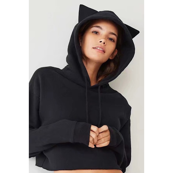 Kvinners langærmet hettegenser crop top katt trykk genser XXL