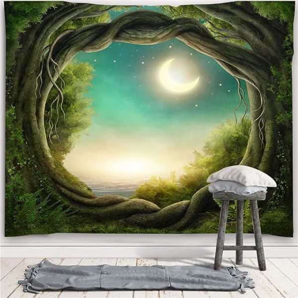 Tapestry Nature Forest Landscape Green Wall Hanging Tree Psychede