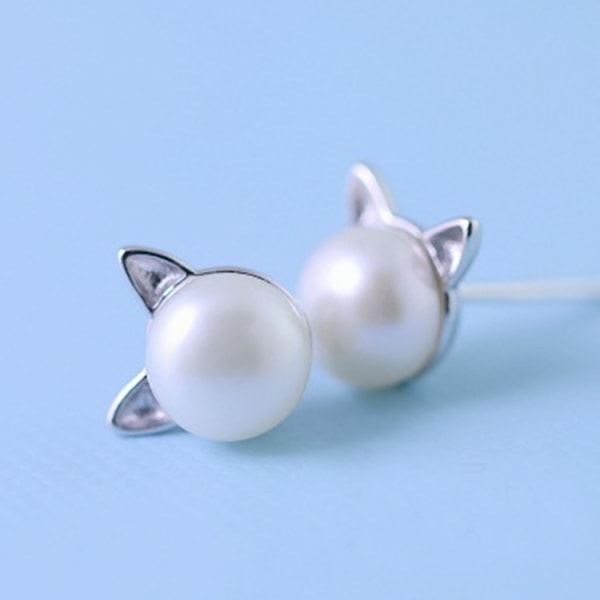 Cat Earrings Pearl Earrings Sterling Silver Stud Earrings for Wom