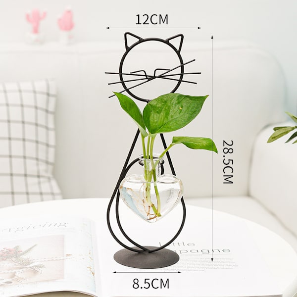 Glas katt med hjärtformad vas, växtterarium
