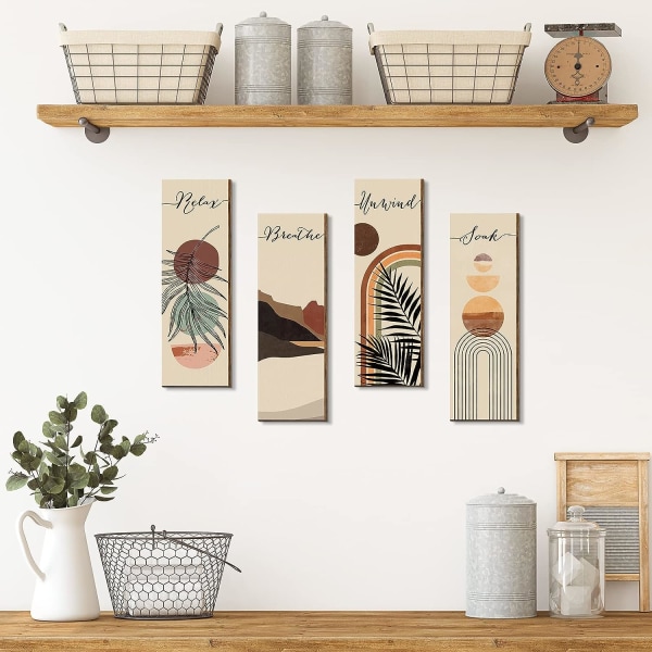 Abstrakt Boho badeværelsesvægkunst i træ, vægmaleri i midten af århundredet, minimalistisk botanisk (11 x 3,5 tommer, Boho botanisk)