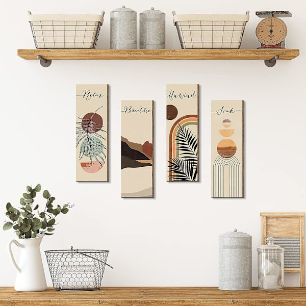Kylpyhuoneen seinätaide, abstrakti boho-kylpyhuoneen puinen seinämaalaus, puolivälin minimalistinen kasvitieteellinen (11 x 3,5 tuumaa, boho-kasvitieteellinen)