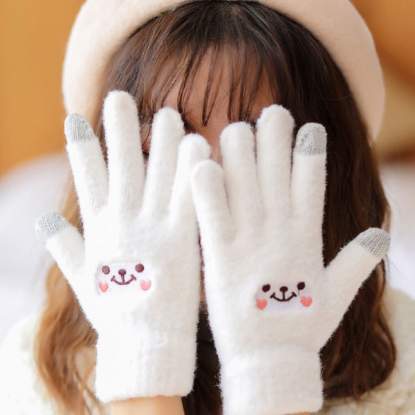 Vinterplyschstickade handskar, tecknad sött leende ansikte, Touch Scr