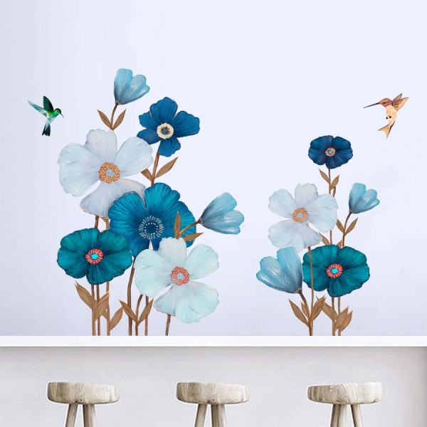 Väggdekal med blå vit blomma Stor blommig växtväggdekal Flying Birds Wall A
