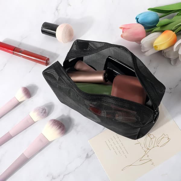 Mesh Makeup Taske med Lynlås til Hjemmekontor Rejsetilbehør, 3 Størrelser, Sort