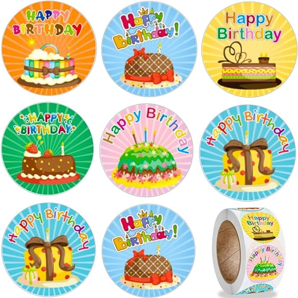 Fødselsdagsklistermærker til kort, 1 rulle 6 søde fødselsdagskagedesigns, 1'' rund klæbemiddel