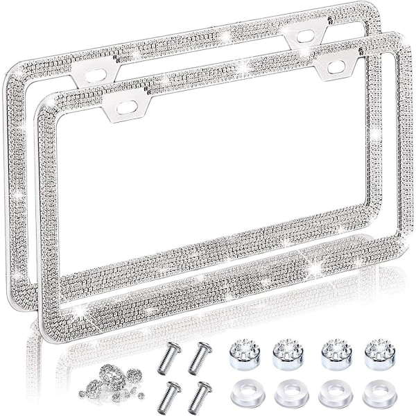 2 Pack White Glitter Rhinestone Bil registreringsskylthållare med Scr