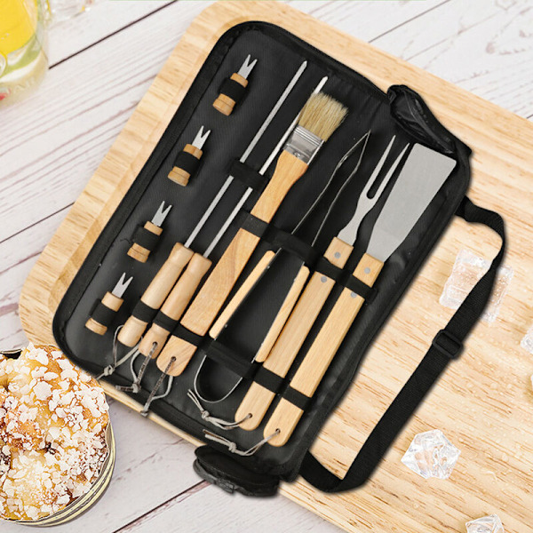 10st Grillset i rostfritt stål, grilltillbehör för män, högkvalitativt grillredskapsset för camping, brun
