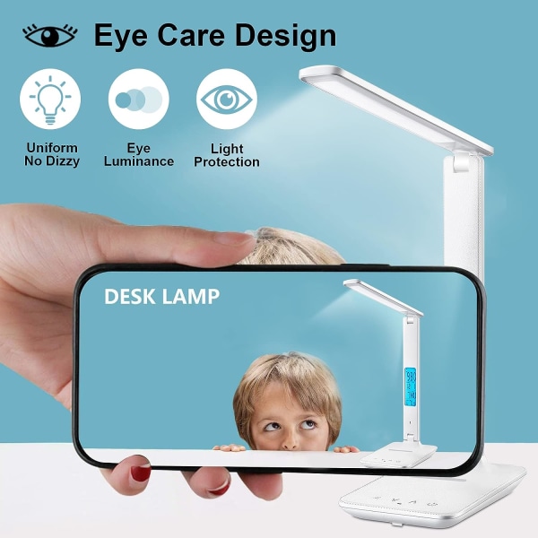 LED-skrivebordslampe med trådløs lader, USB-ladeport, justerbar