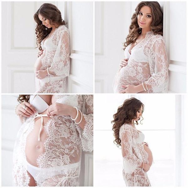 Maternitykjole for fotografering Babykjole blonder nattkjole（XL, hvit