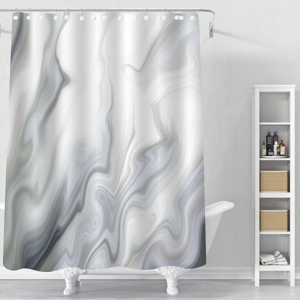 Grå Marmor Badegardinsett, Hvit Grå Stoff Badegardiner for Baderomsdekor, Moderne Abstrakte Standard Badegardiner for Badekar, Luksuriøse Bølgete Badegardiner, 72 x 72