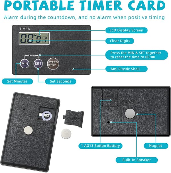 4 stk magnetisk timer bærbar timer kredittkortstørrelse digital nedtellingstimer magnetisk bakside med klips matlagingstimer liten digital timer 100. skoledag (svart)