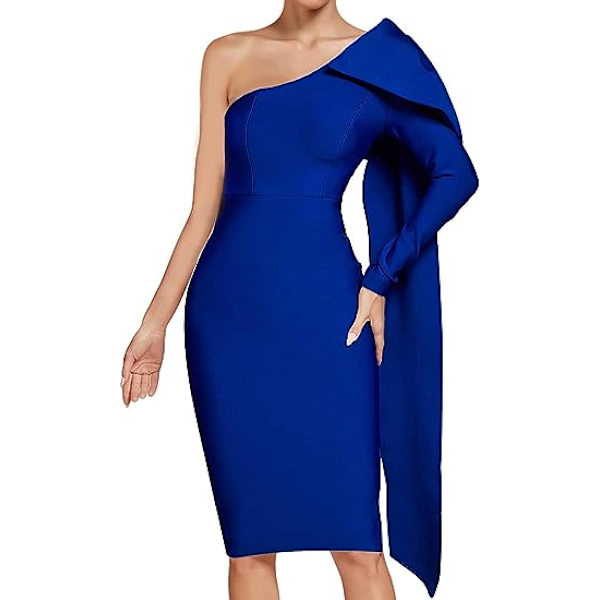 Damklänning med en axel, rosett, lång ärm, bodycon, knälång, klubb