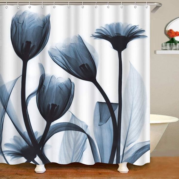 Elegant Tulipan Blå Blomst Polyester Stof Bruseforhæng Design