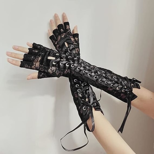 Kvinnors svart spets armbågslängd handskar snörning fingerlösa handskar
