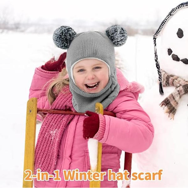 Baby Balaclava, Vinter Toddler Sirkel Halsduk Sett Barn Dobbel Pompom Balaclava Hatt Varmt Halsduk Sett for Jenter og Gutter - Grå