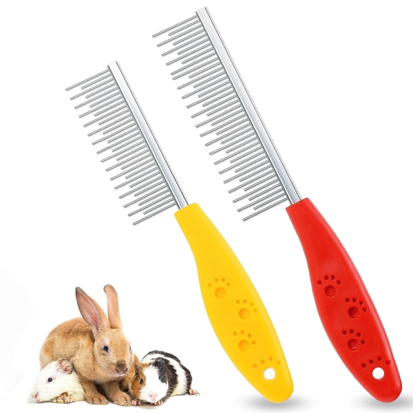 2 stk. Pet Hair Buster Kam Små Kjæledyr Grooming Kam Rustfritt Stål Lang og Kort Tenner Kam for Små Dyr Kaniner Hamstere Marsvin, Rød og Gul，17.7CM