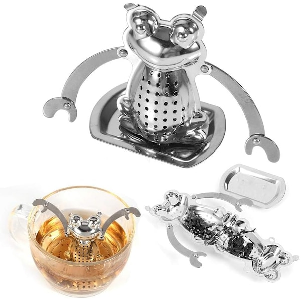 Te-infuser, fint hul i rustfrit stål, tefilter, frøformet te-si, løst tebladfilter, diffuser med bakke til hjem og kontor 7,5 cm x 6 cm