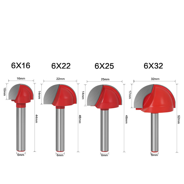 4 stk 6mm skaft freser kjerneboks bits CNC rund spor fres fres verktøy for trebearbeiding 16mm/22mm/25mm/32mm