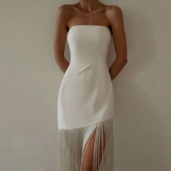 Kvinde Solid Strapless Bandeau Tube Split Lår Bodycon Midi Kjole