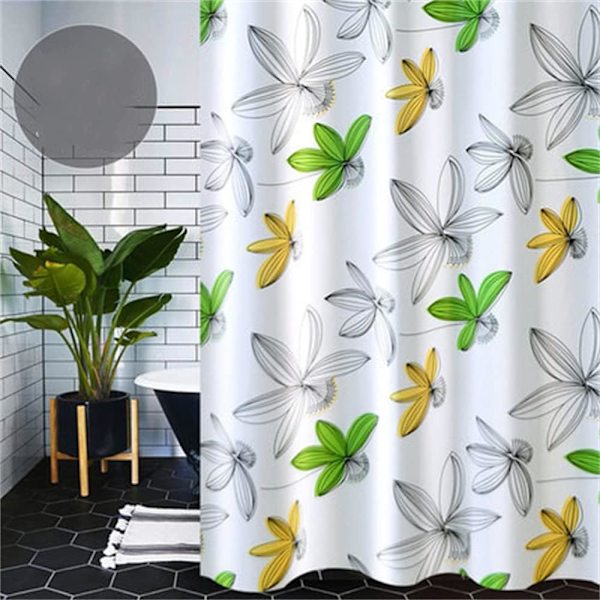 Duschdraperi Gul Grön Blommig Duschdraperi Polyester Badgardin W