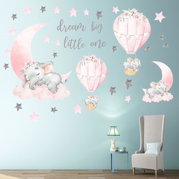 Dream Big Little One Elephant Wall Stickers, Pink Moon Luftballong Grå Stjärna