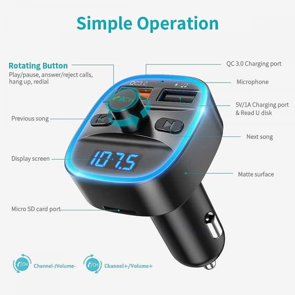 Fm-sändare, avancerad Bluetooth 5.0-bilsats, dubbla USB-portar med Qc3.0,