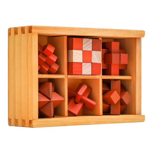 6 st trä hjärnträningsleksaker, hjärnträningslekar, 3D Kongming L