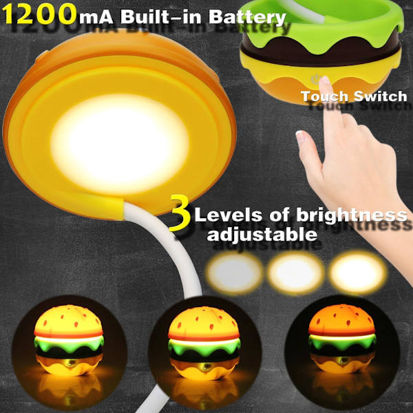 Søt skrivebordslampe for barn, oppladbar hamburger liten skrivebordslampe