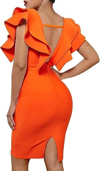 Kvinde Ruffle Kortærmet Plunge V-hals Bodycon Kjole Tilbage Split