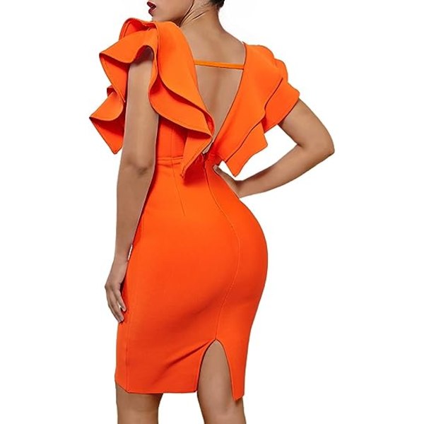 Kvinners Ruffle Korte Ermer Plunge V-hals Bodycon Kjole Bak Split