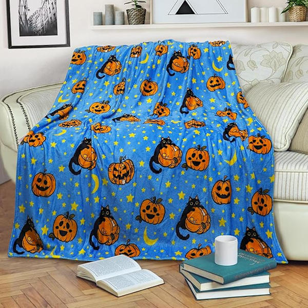 130*150cm Efterårs-Halloween-Tæppe Halloween-Kasttæpper og -Tæpper Efterårs-Græskar-Kasttæppe Super Blødt, Hyggeligt og Plys til Sofa og Stol