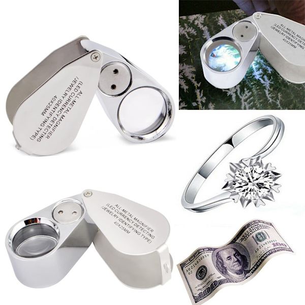 40X Juvelerare Lupp Metall Fällbar Lupp med UV LED Ljus Förstoringsglas