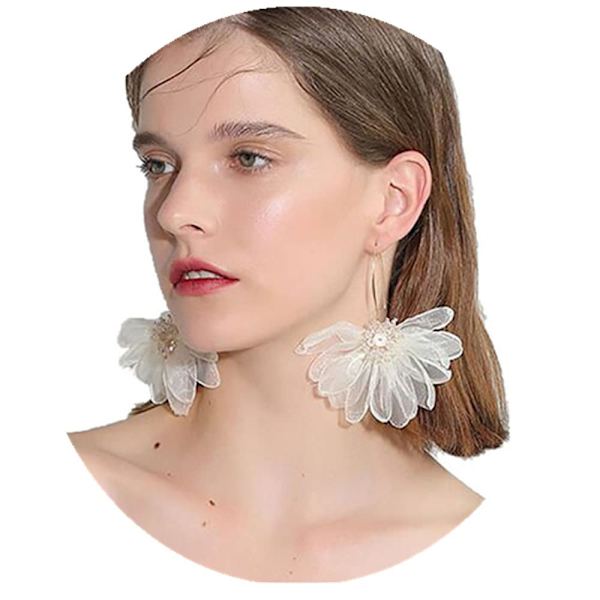 Kvinners store kronblad dråpe store øredobber store blomster dinglende øredobber med chiffon blomst dusk for ferie bryllup (elfenben)